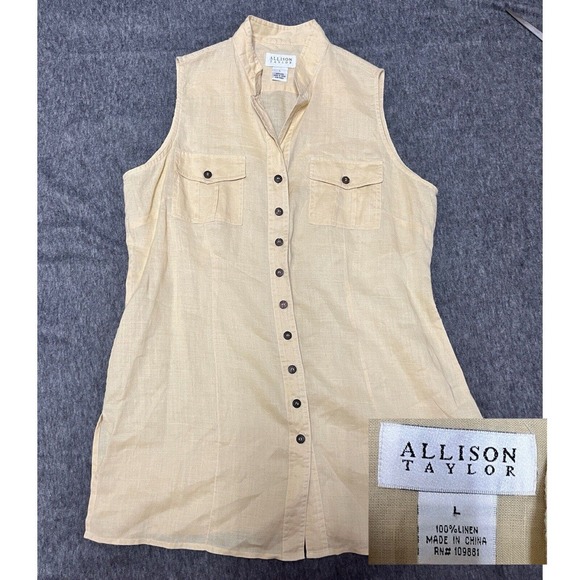 Allison Taylor Top Women’s Large Wood Buttons Linen Light Yellow Classic Beach - Picture 1 of 8